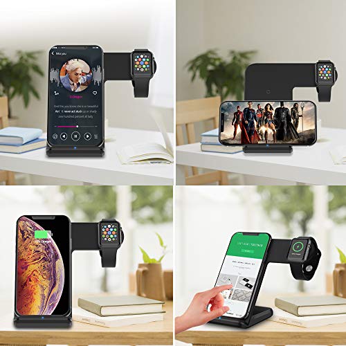 Wireless Charger Compatible Apple Watch 2 in 1 Fast Charging Stand Compatible iPhone Xs/XS MAX/X/8/8 Plus Qi-Certified Android Charge Station Compatible iwatch 4/3/2/1(Black)(Adapter not Included)