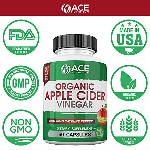 ACE Nutrition Organic Apple Cider Vinegar Capsules (600mg) Natural Detox and Weight Loss Supplements | Cayenne Pepper Metabolism Booster | Raw, Pure, Non-GMO, Gluten Free