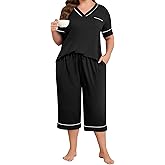 Lastshe Plus Size Womens Pajama Set 2 Piece V Neck Short Sleeve Capri Pants Loungewear Pjs Lounge Set Knit Soft with Pockets