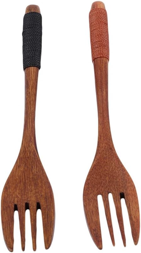 SONGLIN 2Pcs Natural Wooden Handle Fork Spoon Kitchen Cooking Utensil Tableware Flatware,Wood color