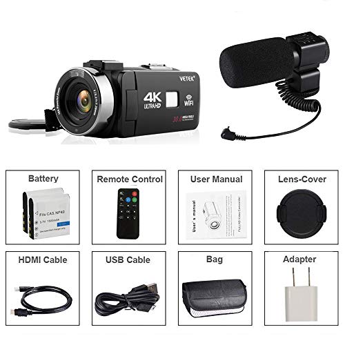 Video Camera Camcorder, VETEK 4K Ultra HD Vlog Camera for YouTube with Microphone, Digital WiFi Camera Recorder with Remote Control, IR Night Vision 3.0 inch Touch Screen 16X Digital Zoom 2 Batteries