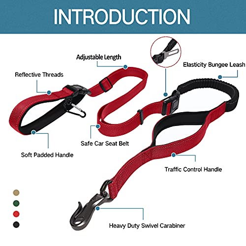 LOS ANDES Heavy Duty Dog Leash, 5FT - 8 FT Double Handle Dog Leash,Traffic Leash with Strong Bungee and Car Seatbelt, Reflective Walking Lead for Medium and Large Dogs