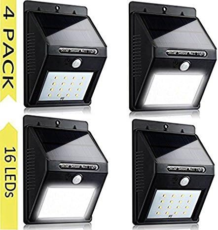 Solar Outdoor Security Lights, Sujonna Wireless Waterproof and Heatproof Motion Sensor Auto ON/Off 16 LED Wall Lights for Patio, Garden, Pathway, Fence, Deck, Yard, Driveway - 4 Pack