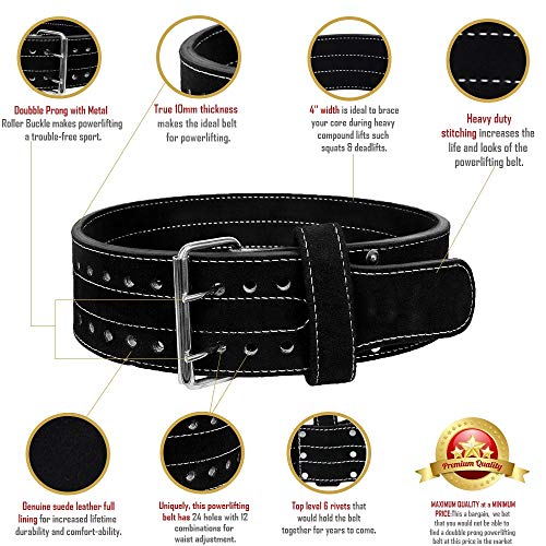 Power lifting Belt Suede Leather Double Prong Power Belt Bodybuilding belt - 4 Inches Wide, 10 MM thick - Weightlifting Belt Maximum Support & Protection- Optimal for Powerlifting 1 YEAR WARRANTY!!!!