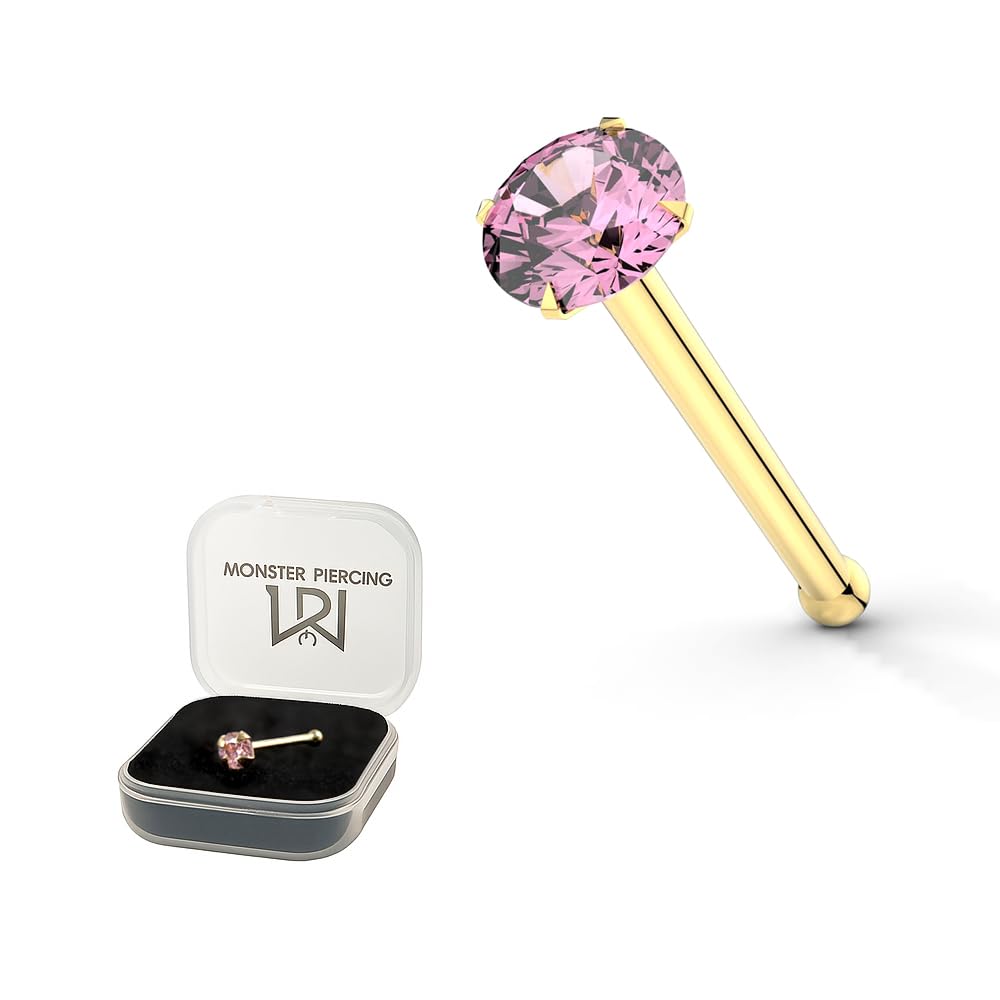 AZARIO LONDON 14K Yellow Gold Claw Set 2MM Round Pink CZ Stone 22 Gauge Nose Bone Nose Stud Piercing Jewellery