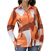 HUDILAN Women's Button Down Blouses Long Sleeve Button Down Shirt Womens Tops Satin Blouse Random Geometric Pattern