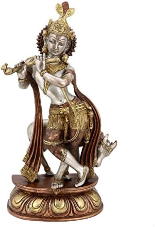 Beautiful Lord Krishna and Cow Playing Flute Statue Indian God Brass Idol 14"