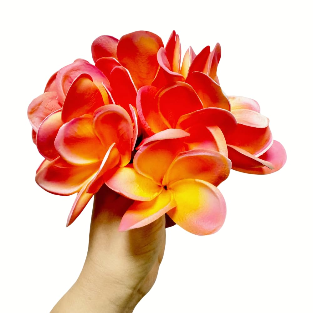 Photo 1 of 10 pcs Artificial Plumeria Flowers -1.5inch Stems & 3inch Real Touch Lifelike Frangipani Fake Flower Bouquets for Cake Top Home Office Wedding Engagement Party Spring Flowers Decor (Orange)