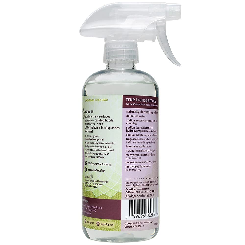 Grab Green Kitchen Power Degreaser, 16 Ounce (Pack of 3), Thyme Fig Leaf Scent, Biodegradable, Plant and Mineral Based, Cuts Through Tough Grease and Grime