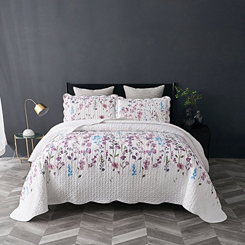 Bedsure Printed Quilt Coverlet Set Full/Queen(86"x96") Lilac Floral Pattern Lightweight
