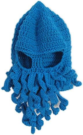Mens Knit Hat Winter Funny Octopus Beard Beanie Hat Face Mask Blue2