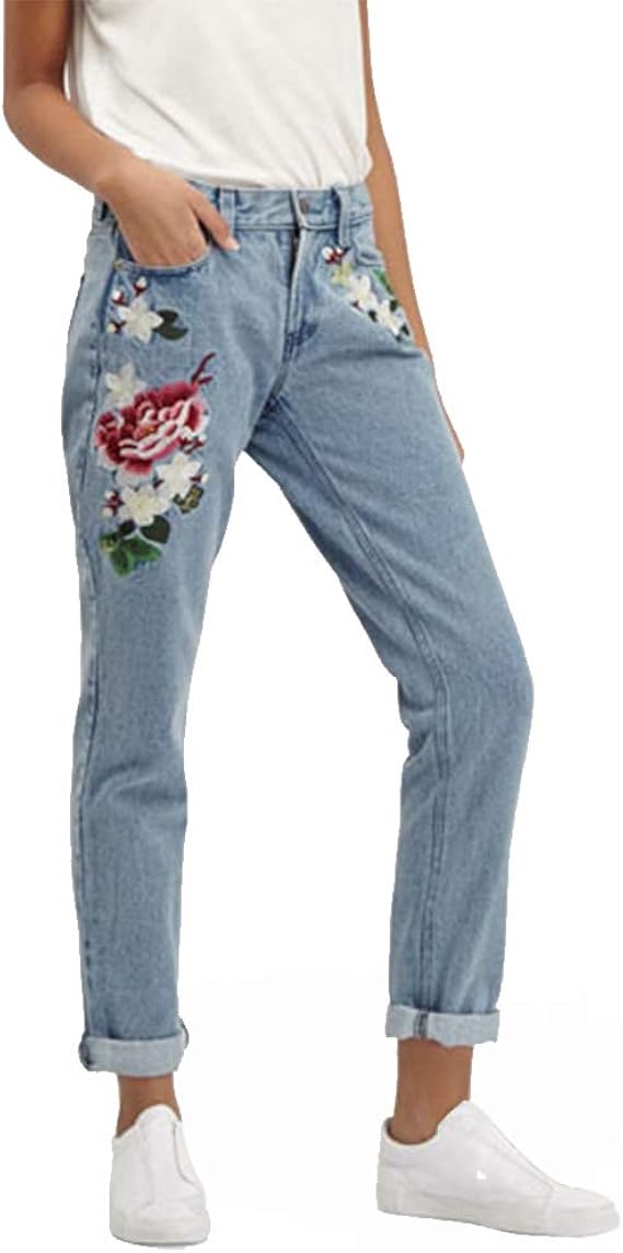 Amazon Siteng レディース ジーンズ デニム バラ刺繍 ダメージ パンツ ジーパン ゆったり ボトムス スカイブルー 美脚 おしゃれ ストレッチ ストレート ジーンズ ジーンズ 通販