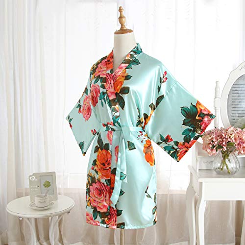 Peony Floral Silk Kimono Robe Bridal Bridesmaid Robes Dressing Gown for Women Light Blue