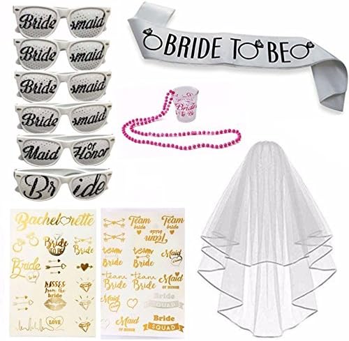 Bachelorette Party Set Includes: 6 Bachelorette Party Sunglasses, 1 Bride to Be Sash, 1 Bridal Wedding Veil With Comb, 1 Plastic Shoot Glass, 35+Flash Metallic Bride Tattoos