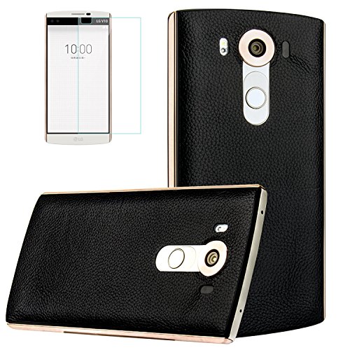 LG V10 Case, LG V10 Genuine leather Back Case, LG V10 Glass Screen Protector, Aomax? Qi Wireless Cha