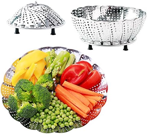 Lekoton Steamer Basket Diameter 5.3 Expands to 9.3 Inch 4.0mm Thick Smooth Edge 100% Stainless Steel Vegetable Food Steamer Basket,Pasta Steamer, Folding Collapsible Basket with Silicone Feet