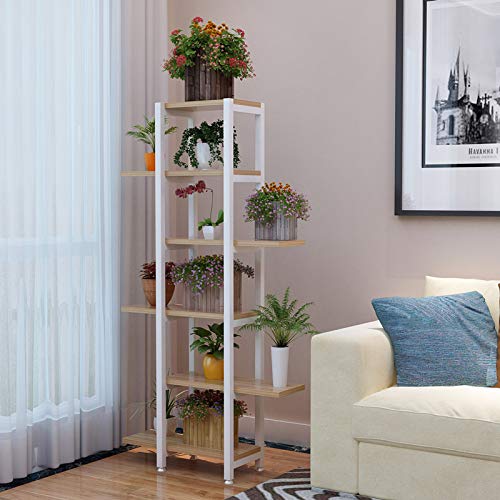 Large Creative Curved Steel Plant Stand, Multipurpose Display Stand for Flowers/Books/Bonsai, Indoor Bonsai Display Shelf for Living Room/Bedroom/Balcony/Office (Parallel Frame, White)