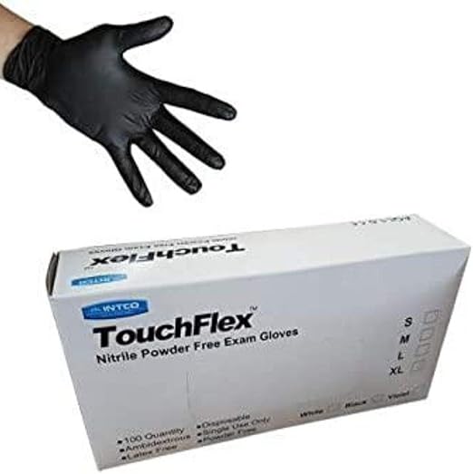 Intco Black Nitrile Gloves Size Small Box of 100 TouchFlex Latex