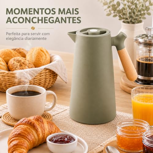 Garrafa Térmica 1 Litro para Café Mesa Posta Premium com Ampola de Vidro Conserva Bebidas Quentes por Mais Tempo Cabo Estilo Bambu Base Antiderrapante Azul Escuro HABITARA HOME