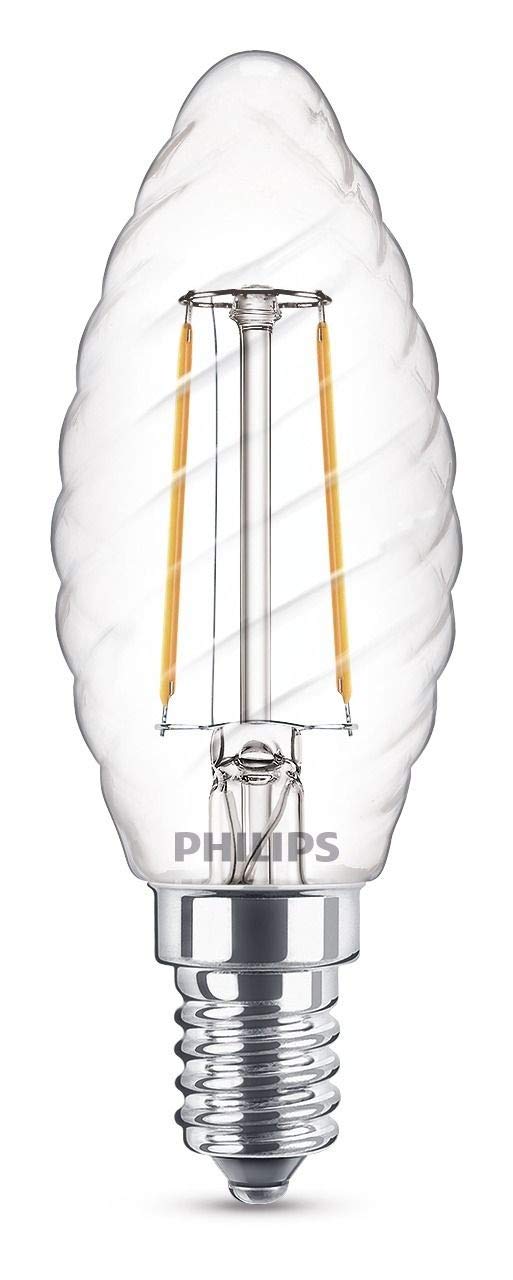Philips LED Classic ST35 Filament Twisted Candle Warm White Light Bulb, Glass, Clear, E14, 2 W