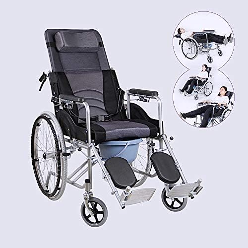 Wheelchair Foldable, 180°Manual Wheelchair with Full Body Lying Down,Detachable Heightened Headrest Backrest and Mesh Fabric for Breathable Better Cushions,Tire-Free Inflatable Old Travel Belt Potty