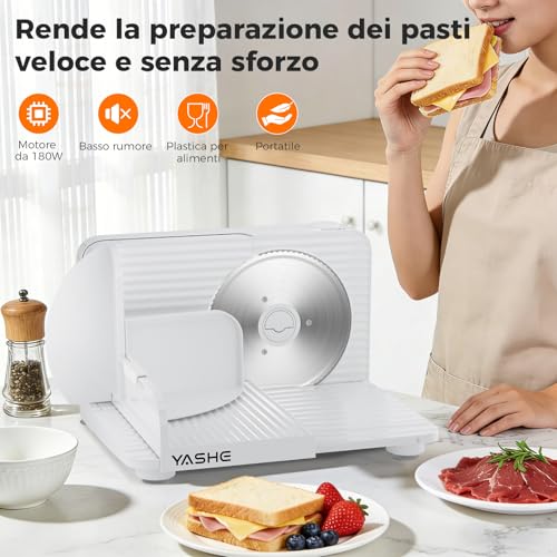 YASHE 180W Folding Electric Household Slicer 17cm Stainless Steel Blade 0-15mm Thick, Compact and Easy to Store for Meat, Cheese, Bread and Vegetables, White