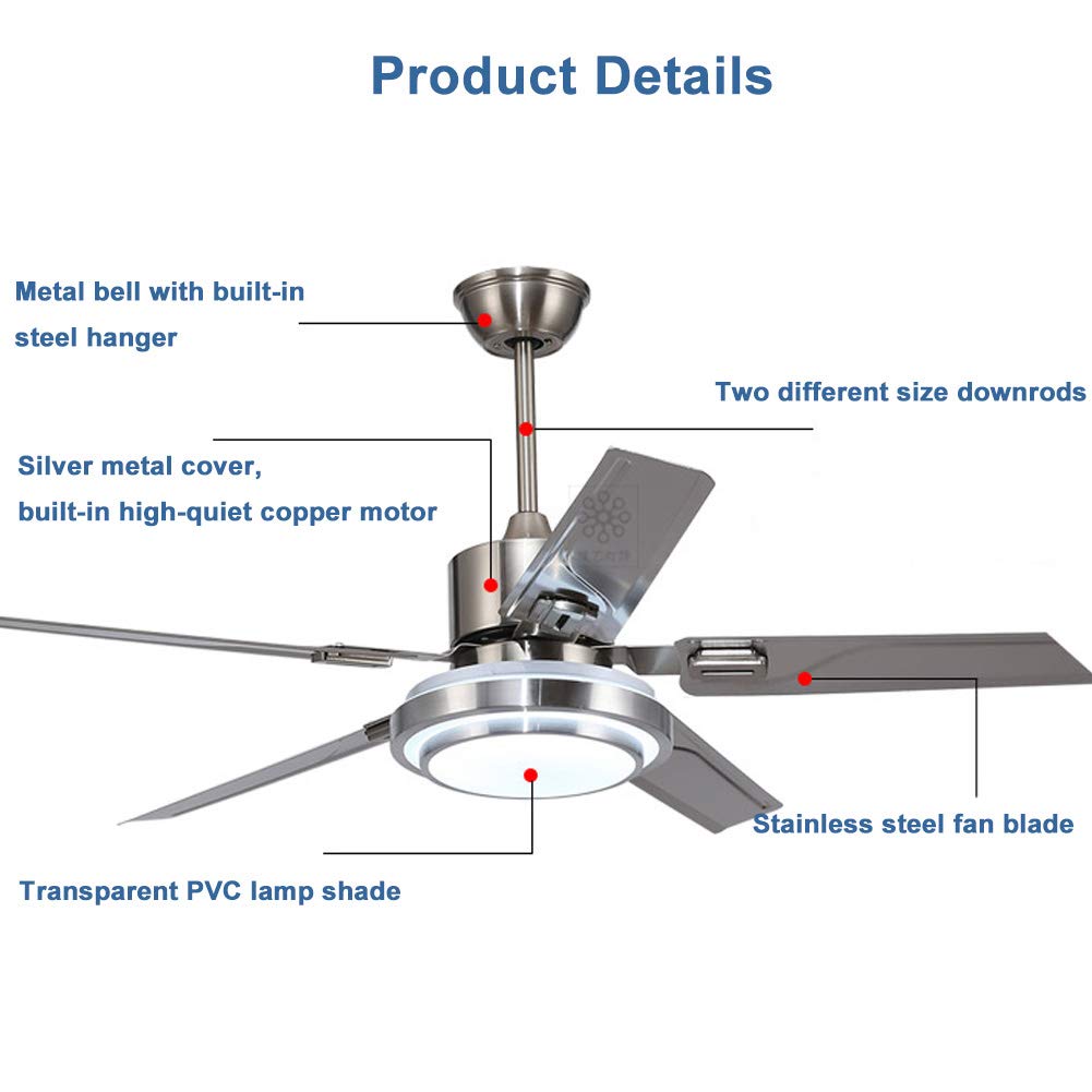 Luolax Stainless Steel Ceiling Fan With Light Reversible 5 Blades