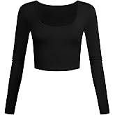 Lightweight Square Neck Crop Tops Long Sleeve Slim Fit Basic Shirts for Women