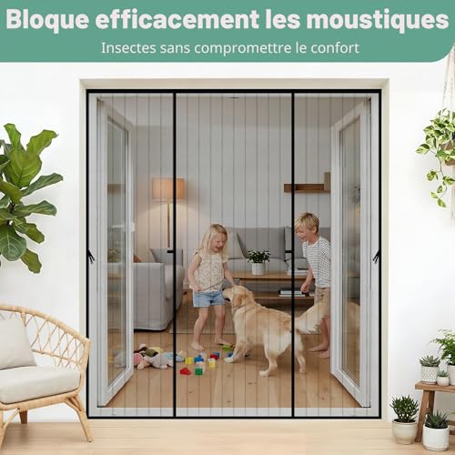 Moustiquaire Porte Magnetique,250x212cm Moustiquaire Baie Vitrée Coulissante,Aimantée Double Ouverture Latérale,Fermeture Automatique,Sans Perçage,Anti-moustiques pour Entree Balcon Salon Veranda