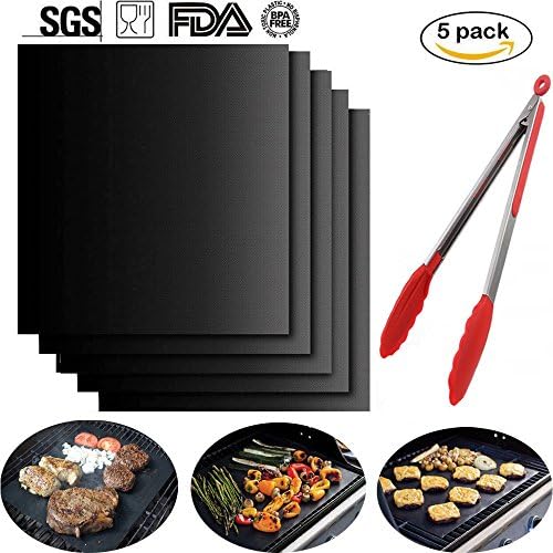 BBQ Grill Mat Set of 5, NnxDeal Grill Pad Cooking Baking Sheet(15.75X13 inch) with 12 inch Grill Tong, Non-stick Reusable Heat Resistant 500℉ for Gas, Electric, Charcoal Grills