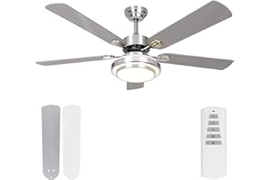 hykolity 52 Inch Ceiling Fans with Lights (Integrated LED) Remote Control, Reversible Motor and Blades, ETL Listed, for Patio Living Room, Bedroom, Office - Brushed Nickel (5-Blades)
