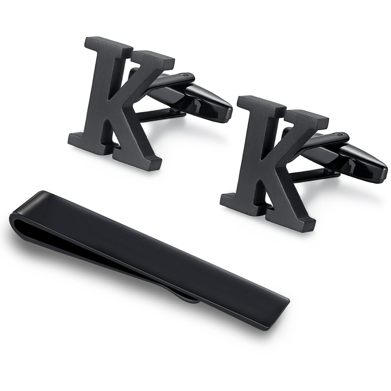 Honey Bear Initial Alphabet Letter Cufflinks Tie Clip Set for Mens - Black Stainless Steel, for Business Wedding Gift A - Z (K) — image 1