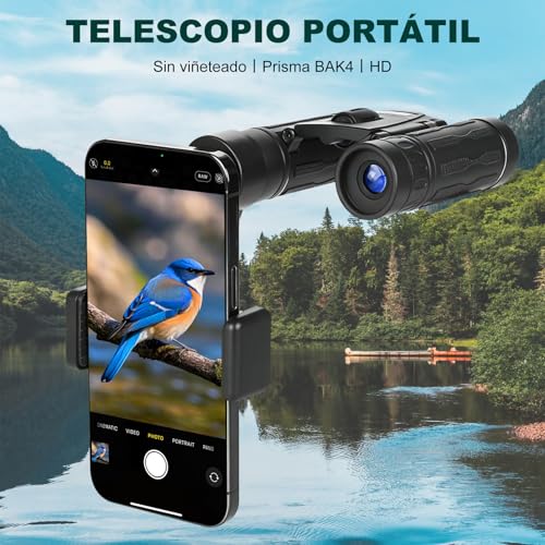 Binoculares Portátiles 500x25 (8X), Binoculares Plegables con Clip para Teléfono, Alcance 5000m, Película Verde y Prisma BAK4, Visión Nocturna, Impermeables, Camping, Conciertos, Excursiones