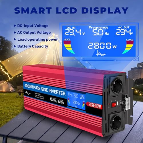 ETREPOW 4000W Converter 24v 220v Pure Sine Transformer-2 EU AC & USB Sockets, Wireless Remote Control and LCD Screen Inverter for Solar Systems, Car, Camping, Travel