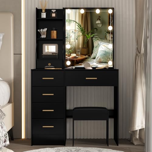 Saimeihome Dressing Table with LED Mirror, Modern Black Makeup Table with Stool, 6 Drawers and 6 Storage Shelves, 3 Lighting Modes, Bathroom Desk for Bedroom (80 x 36 x 130 cm)