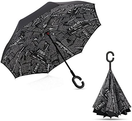 Lepapillon Double Layer Reverse Umbrella UV and Windproof Protection Inverted Umbrella for Car and Outdoor Traveling Self Standing with C-Shaped Handle and Carrying Bag (Black Newspaper)