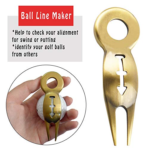 prowithlin Golf Divot Tool, Metal Golf Divot Repair Tool with Magnetic Golf Ball Marker and Ball Line Maker Tool, Portable Divot Repair Tool, Durable and No Rust Golf Divot Repair Tool (Golden)