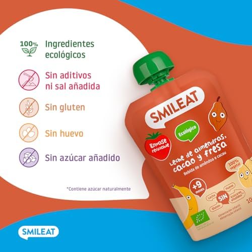 - Saquinho de fruta biológica - Sem sal ou açúcar adicionados, sem glúten - Lanche prático para crianças - Sabor a amêndoa, cacau e leite de morango