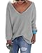 Nulibenna Women's Casual Autumn Thin V Neck Knit Pullover Solid Sweater,Grey,Large