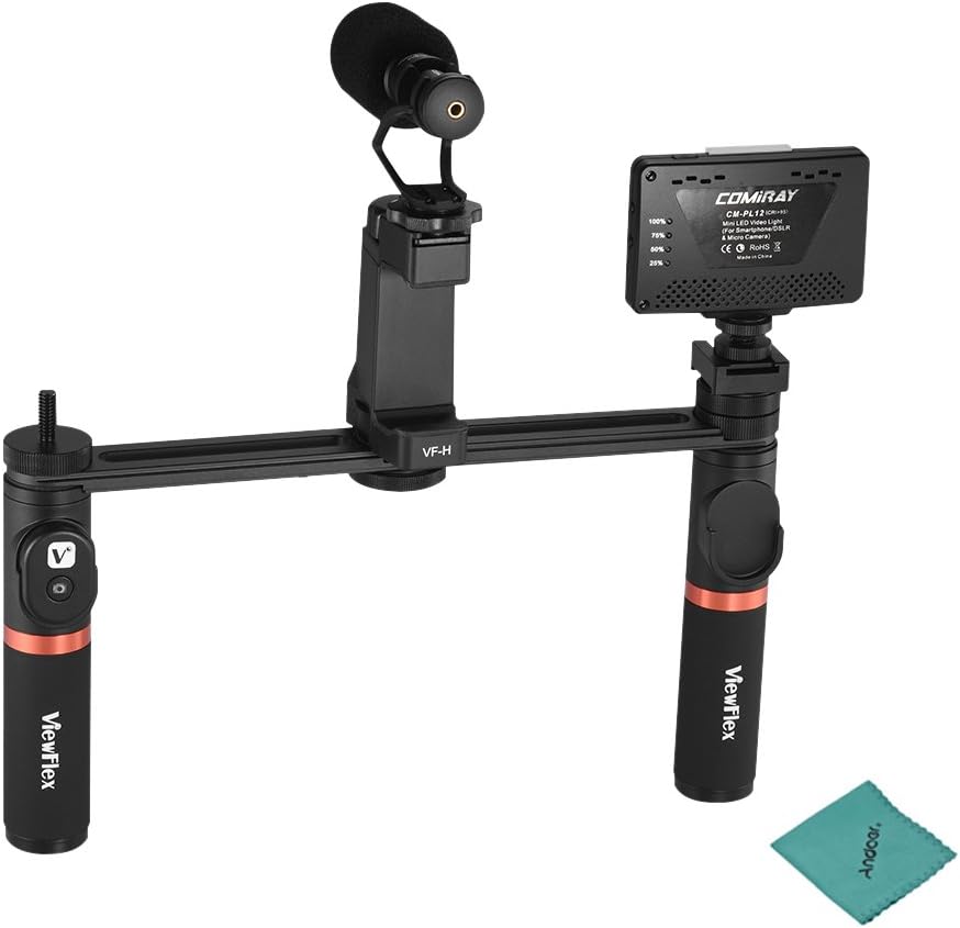 ViewFlex VF-H7 Smartphone Video Rig Dual Handheld Metal Grip Stabilizer Kit with Remote Control/Dimmable LED Light/Microphone for iPhone 6 6s Plus for Samsung Galaxy S8+ S8 Note 3 Huawei