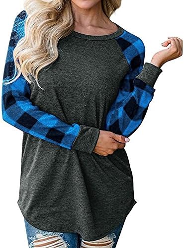 promdressonline Womens Tops Long Sleeve Raglan Plaid Fall Shirts t Shirt Oversized Sweatshirts Tops BLUE-3XL
