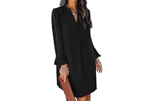 QACOHU Dresses for Women 2024 V Neck Spring Summer Ruffle Long Sleeve Simple Casual Loose Flowy Autumn Winter Shift Dress