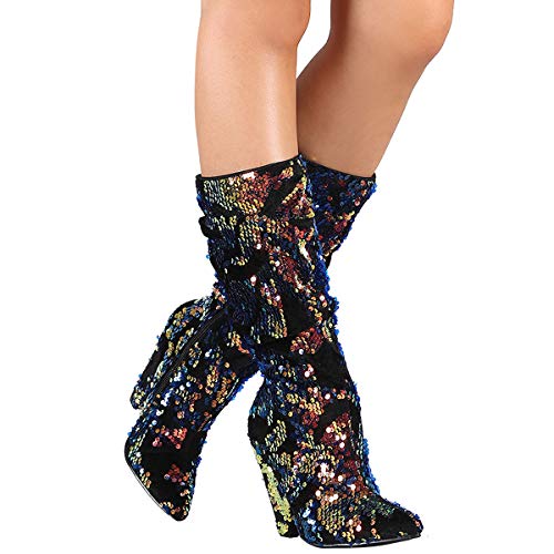 BAMBOO Womens Pointy Toe Slouchy Holographic Cone Heel Back Zipper Sequin Knee High Boots 10 Blue Multi - Thumbnail 3