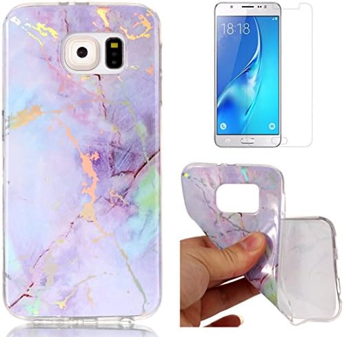 For Samsung Galaxy S6 Edge Marble Case Purple,OYIME Glitter Plating Pattern Design Glossy Clear Silicone Slim Thin Soft Protective Back Cover Drop Protection Transparent Bumper and Screen Protector