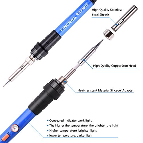 KINCREA Soldering Iron Kit Electronics with ON/OFF Switch and Adjustable Temp, Welding Tool Soldering Gun with 5 Soldering Tips, Desoldering Pump, Metal Stand with Sponge, Solder Wire, ESD Tweezers