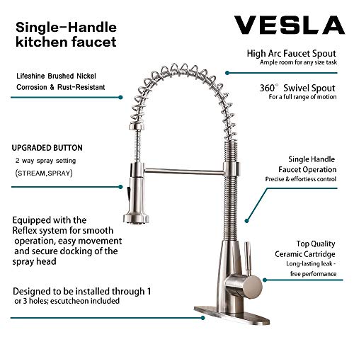 VESLA HOME Commercial Single Handle Pull Down Out Sprayer Spring Stainless Steel Kitchen Faucet, Brushed Nickel Kitchen Sink Faucet - Thumbnail 5