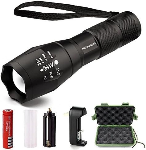 NATURALIGHTLED Super Bright LED Tactical Flashlight,Zoomable Adjustable Focus 5 Modes,Water Resistant Torch with Rechargeable 18650 Lithium Ion Battery（4200mah） &amp; Charger