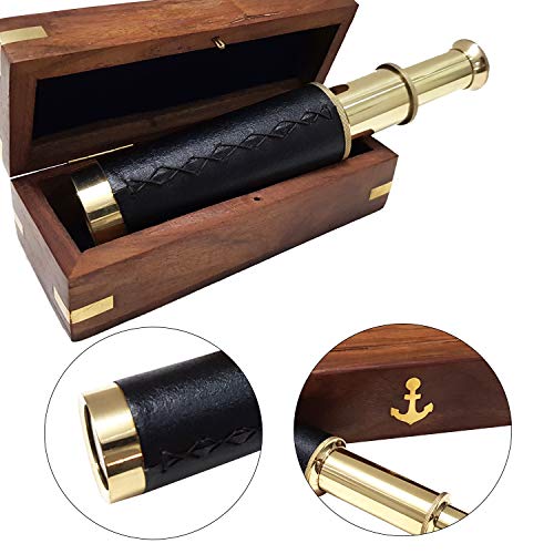collectiblesBuy Vintage Marine Ship Telescope with Brown Anchor Wooden Box Home Decorative Nautical Antique Spyglass, 10 inch