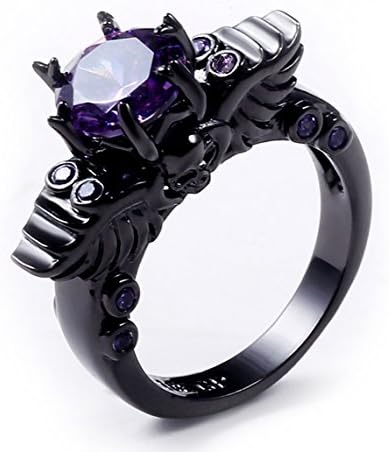 Tupai Black Gold Plated Round Cut Amethyst Purple CZ Cubic Zirconia Vintage Gothic Skull Ring Size 5-10 (7)