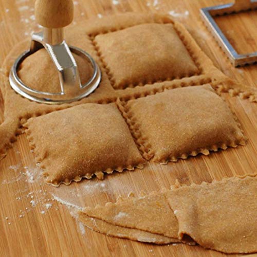 WElinks Ravioli Maker Cutter Stamp Set Round & Square Pasta Pastry Cutter Roller Wheel Dough Cutter and Press Stamps with Wooden Handle Kitchen Pasta Mold Dumpling Molds Cooking Tool Sets (3Pcs)